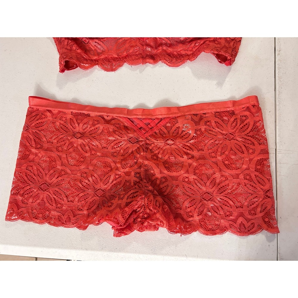 Coral Red Floral Lace Lingerie Set Longline Bra Boyshorts xLARGE stretchy  40D - Picture 5 of 8